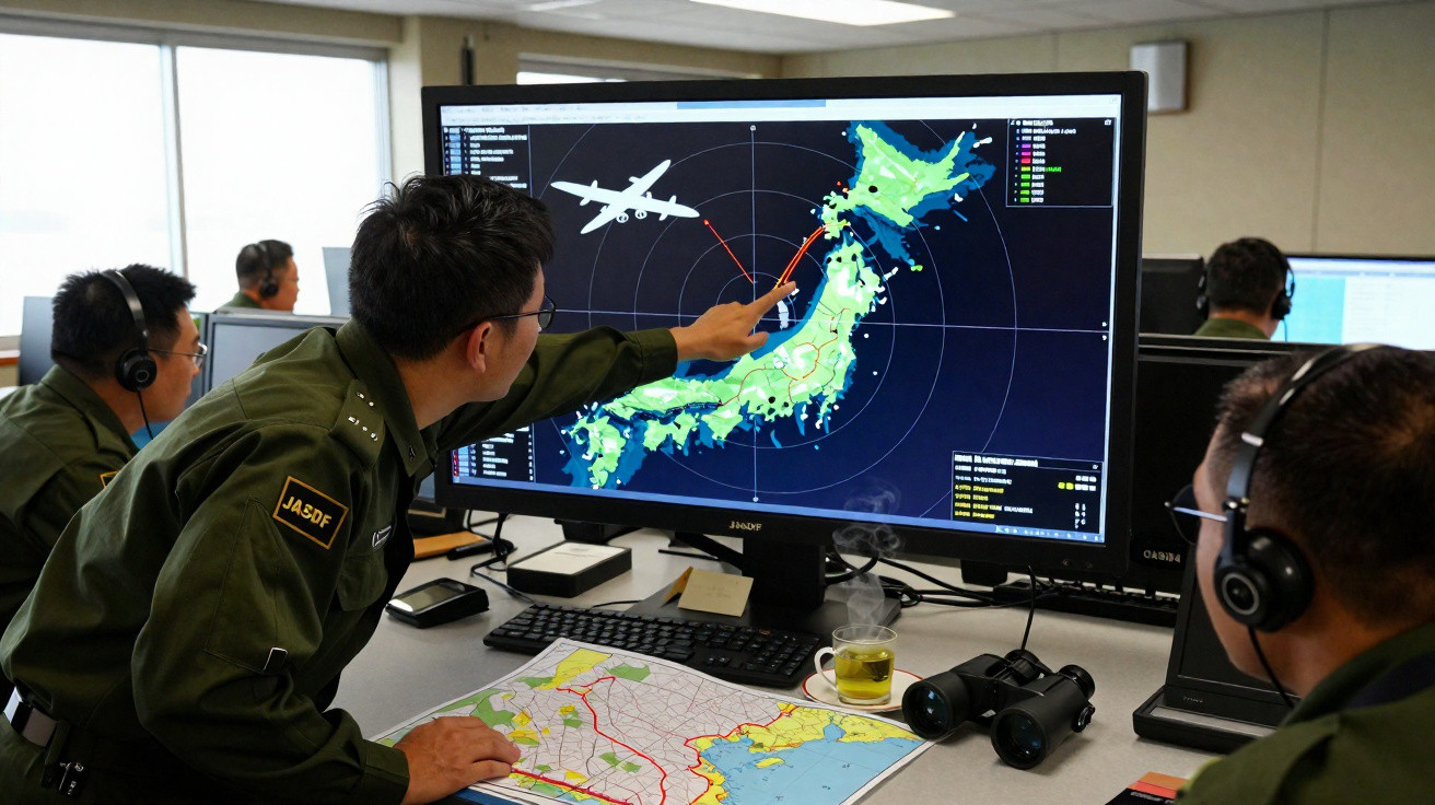 Militares em sala de controle observando rota de avião em mapa digital e mapa físico sobre mesa.