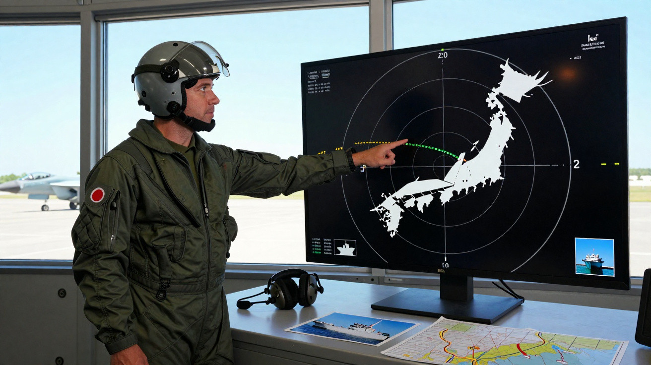 Militar japonês com uniforme e capacete aponta para tela com mapa radar do Japão em sala de controle.