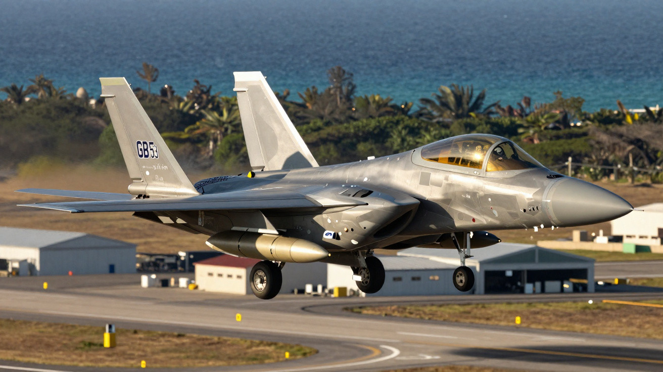 Avião de caça militar cinza decolando em pista perto do mar com vegetação e edifícios ao fundo.