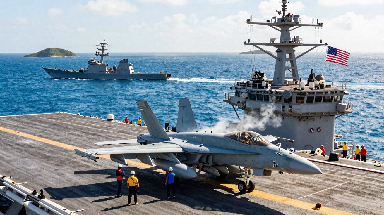 Caça F/A-18 no convés de porta-aviões americano com navio de guerra ao fundo em mar aberto.