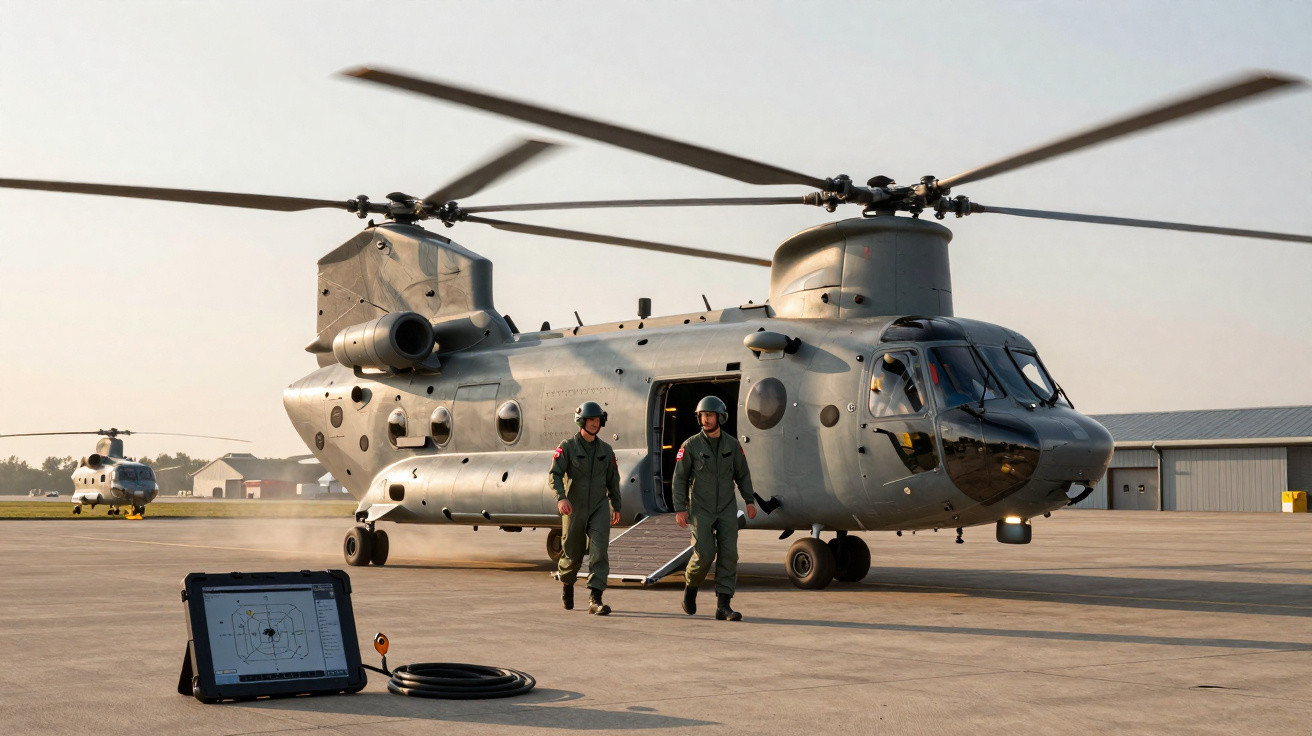 Helicóptero militar cinza com duas pessoas vestindo uniforme saindo e outro helicóptero ao fundo.