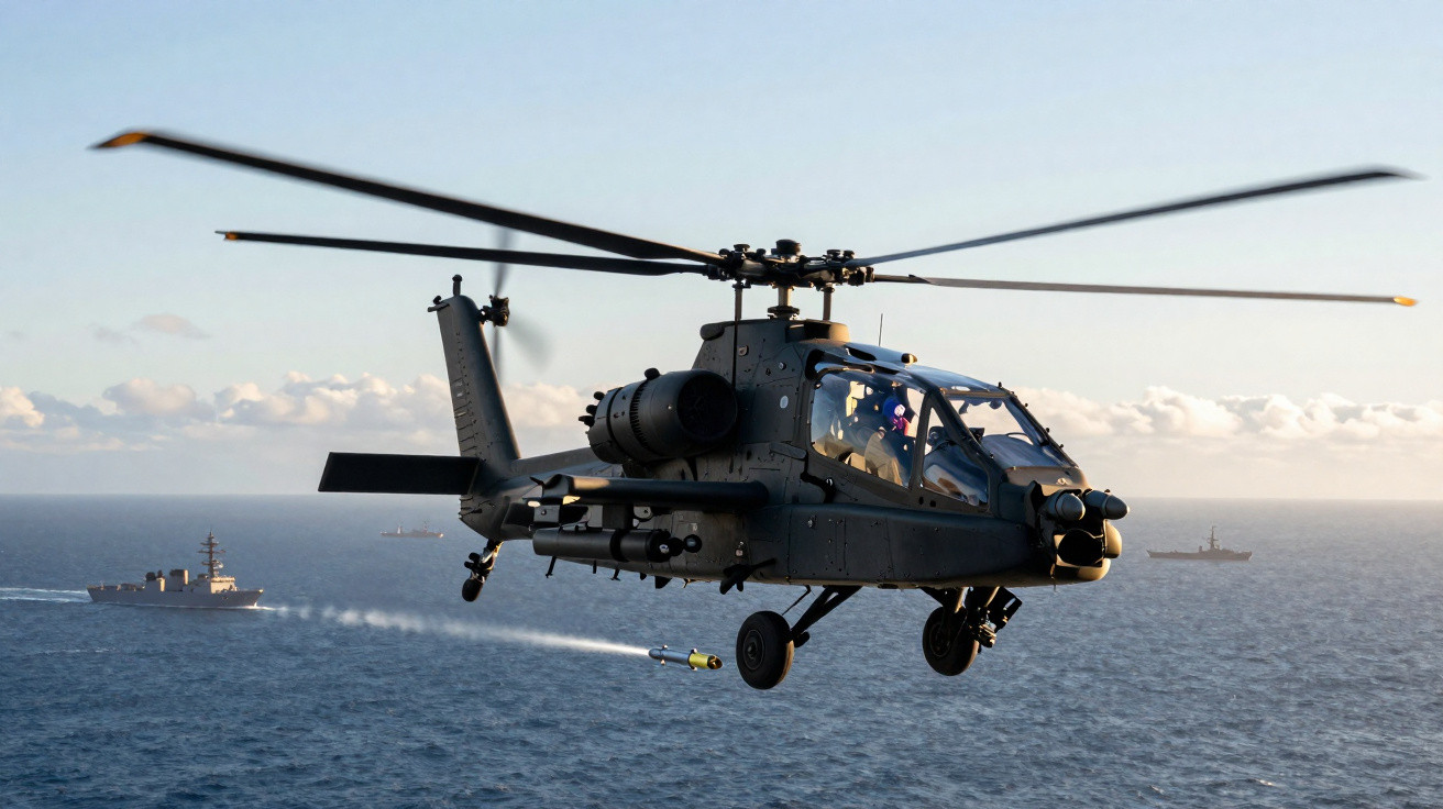 Helicóptero militar lançando míssil sobre o mar com navios ao fundo em dia claro.