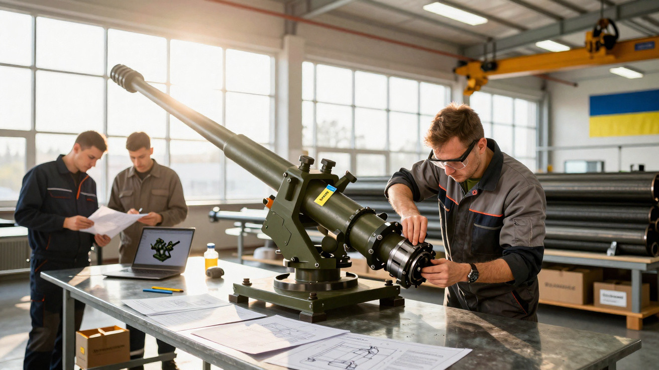 Engenheiros trabalhando em arma de artilharia em oficina industrial com documentos e laptop na mesa.