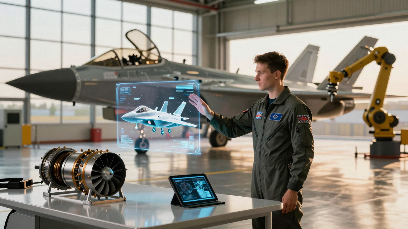 Homem de uniforme militar interage com projeção holográfica de avião em hangar com jato e motor exposto.