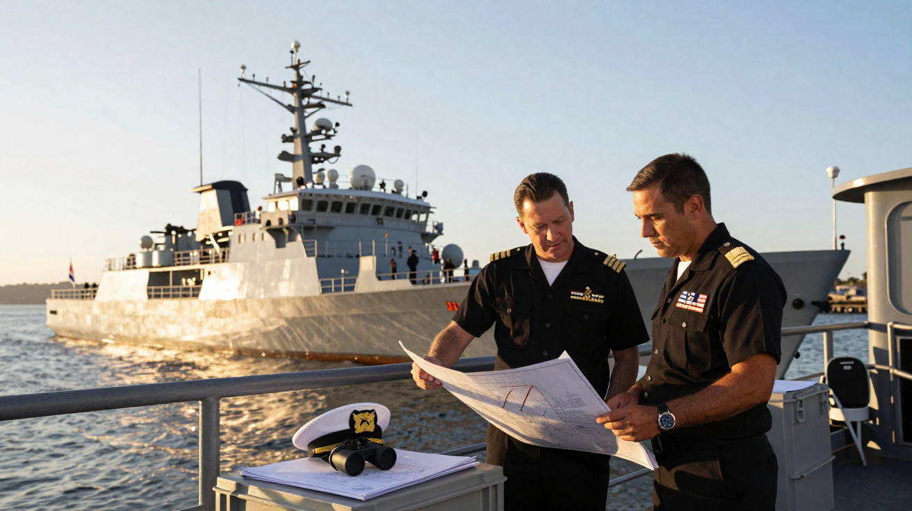 Dois oficiais da marinha analisando mapas em um convés com navio militar ao fundo ao entardecer.