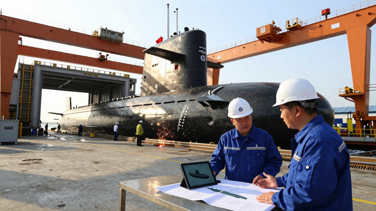 Dois trabalhadores com capacetes brancos revisam projeto em frente a um submarino preto em estaleiro.
