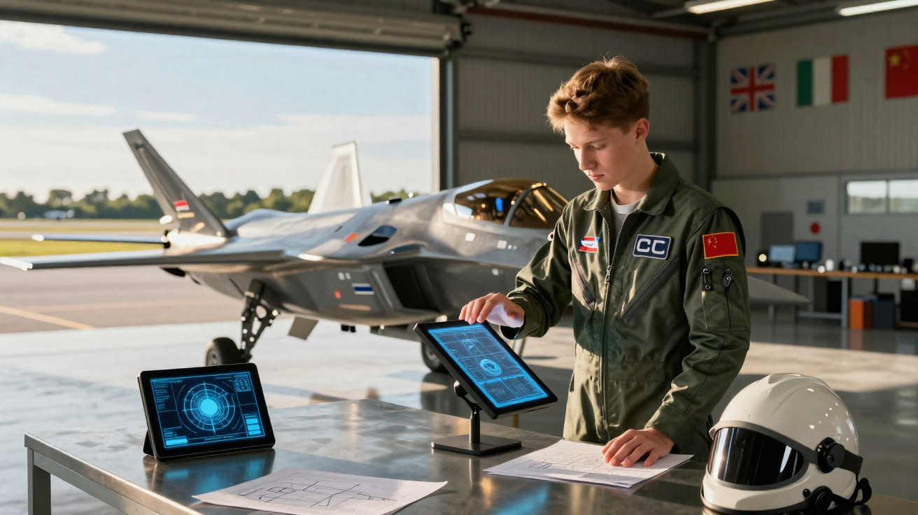 Jovem piloto em uniforme interage com telas digitais, com avião militar e capacete em hangar ao fundo.