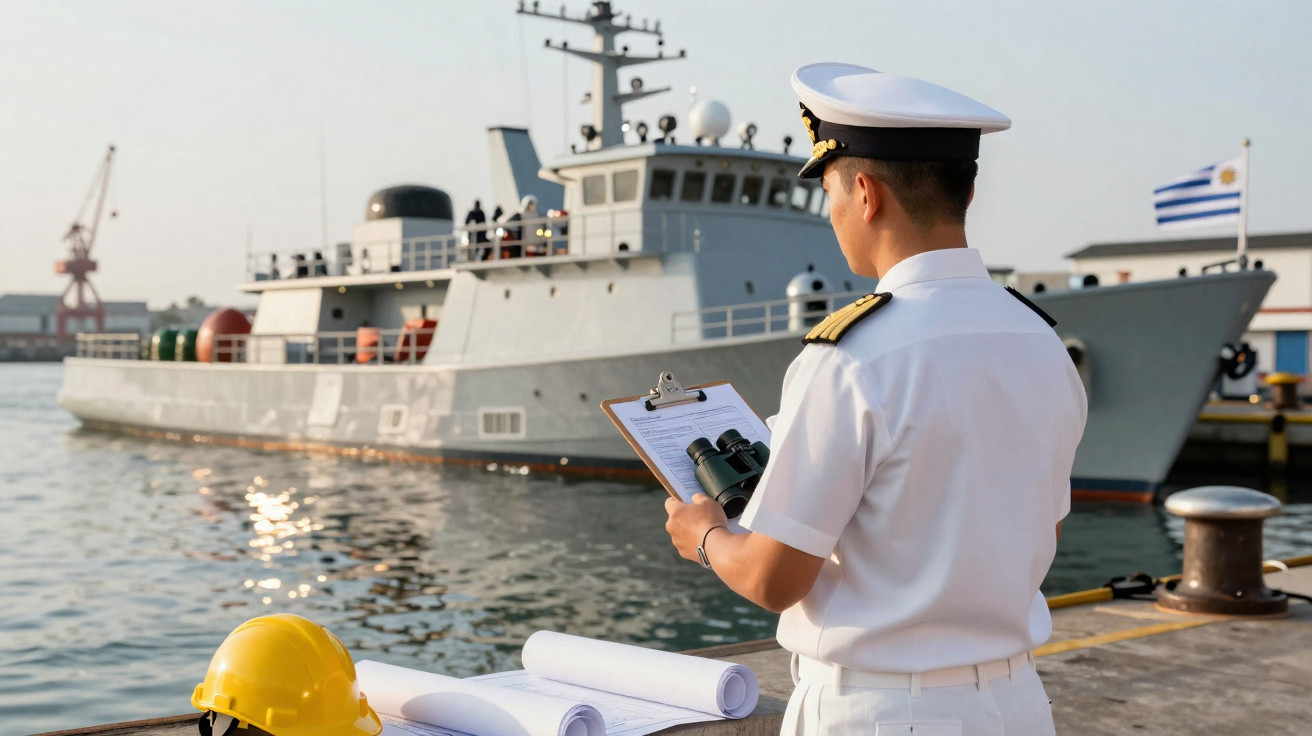 Oficial naval revisando documentos no cais com navio militar atracado ao fundo.