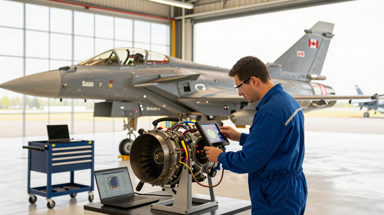 Técnico em uniforme azul operando equipamento de diagnóstico em motor de aeronave com caça ao fundo em hangar.