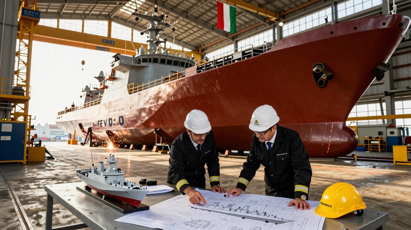 Dois engenheiros com capacete revisam plantas ao lado de um modelo de navio em estaleiro com navio grande ao fundo.