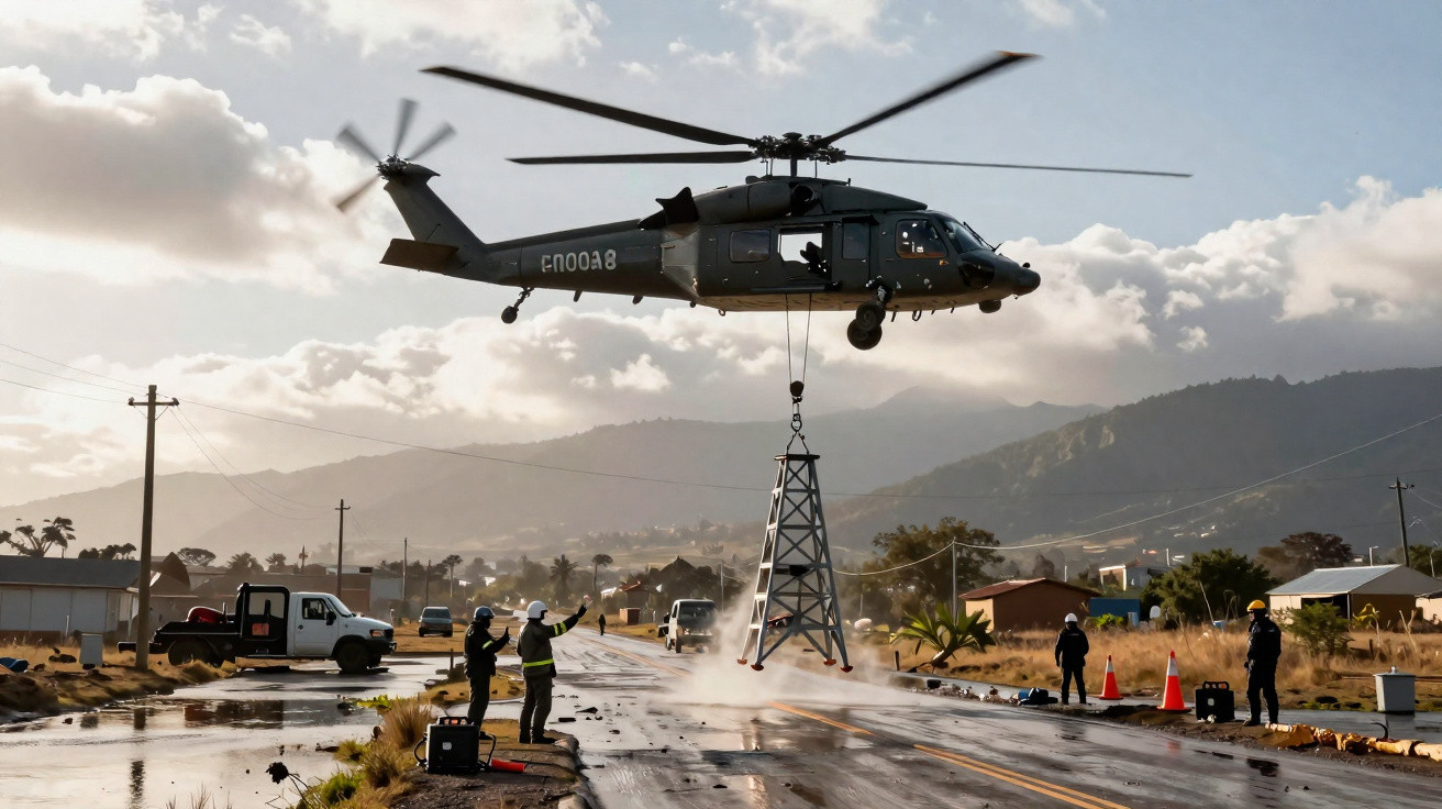 Helicóptero militar transporta estrutura metálica enquanto equipe trabalha em estrada com montanhas ao fundo.