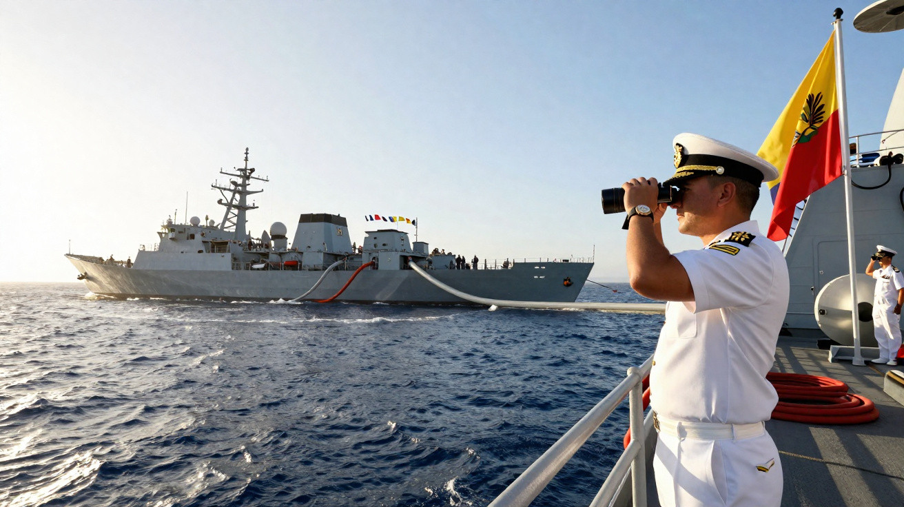 Militar naval com binóculo observa navio de guerra cinza no mar durante dia ensolarado.