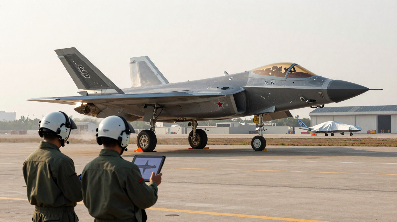 Caças militares estacionados em pista com dois militares de capacete observando e segurando um tablet.