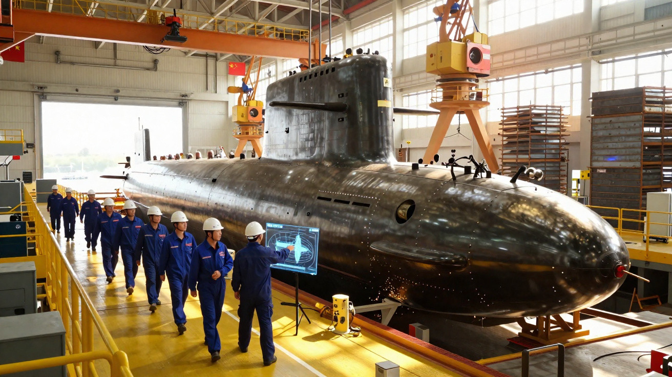 Homens com capacetes e uniformes azuis caminham ao lado de submarino negro em estaleiro industrial grande.
