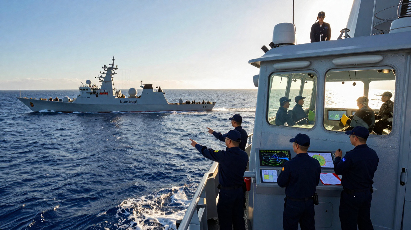 Militares em uniforme naval em cabine observando e apontando para um navio de guerra no mar ao entardecer.