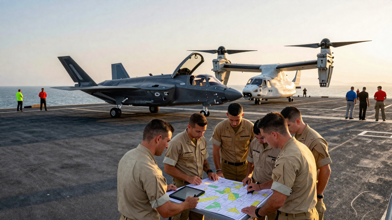 Militares revisam mapas no convés de um porta-aviões com avião e helicóptero ao fundo durante o pôr do sol.
