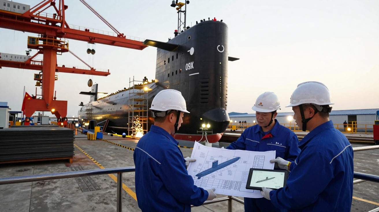 Três trabalhadores com capacetes analisando projeto perto de submarino preto em estaleiro ao anoitecer.