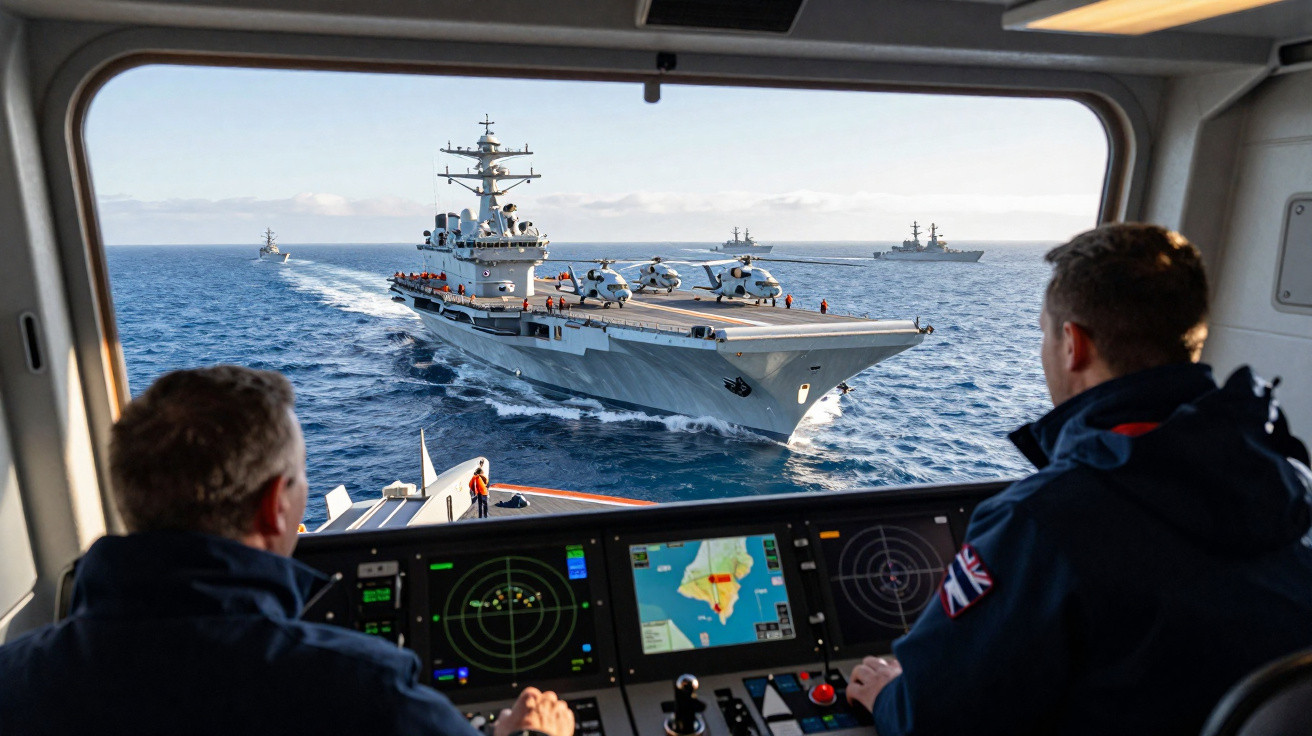 Dois homens observam porta-aviões com helicópteros pelo painel de controle de outro navio no mar.