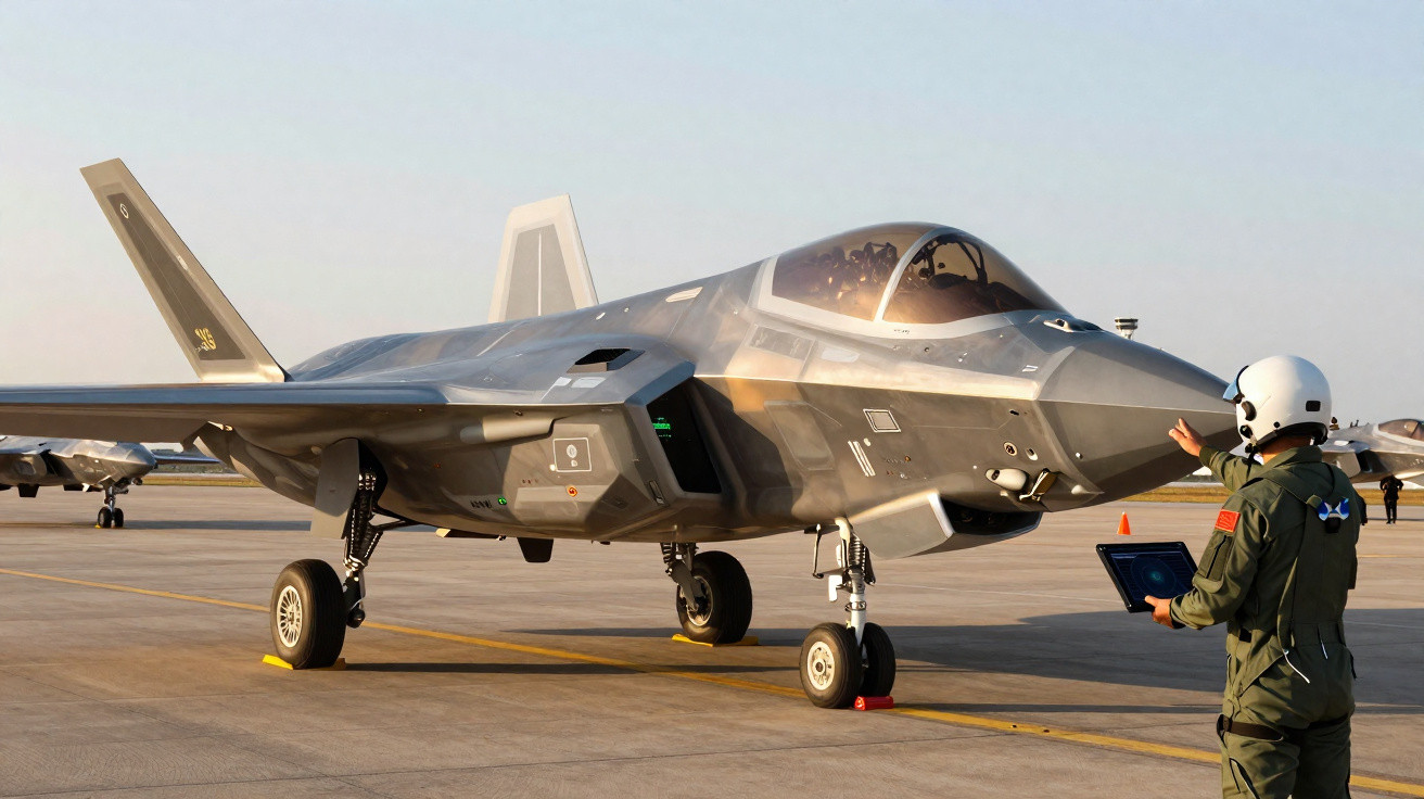 Caça militar cinza estacionado em pista com piloto em uniforme verde e capacete branco apontando para a aeronave.