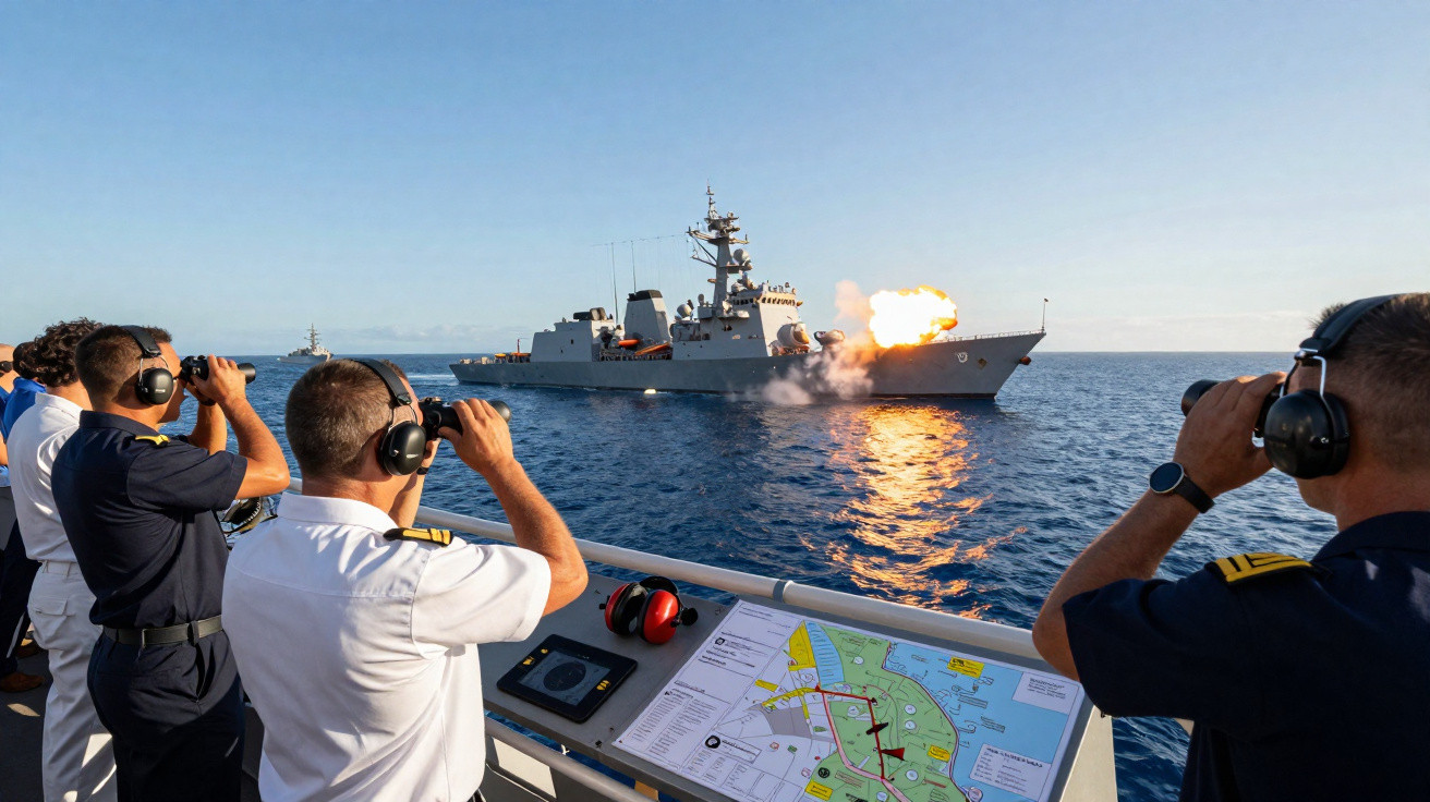 Marinheiros observam destróier naval disparando durante exercício no mar aberto em um dia claro.