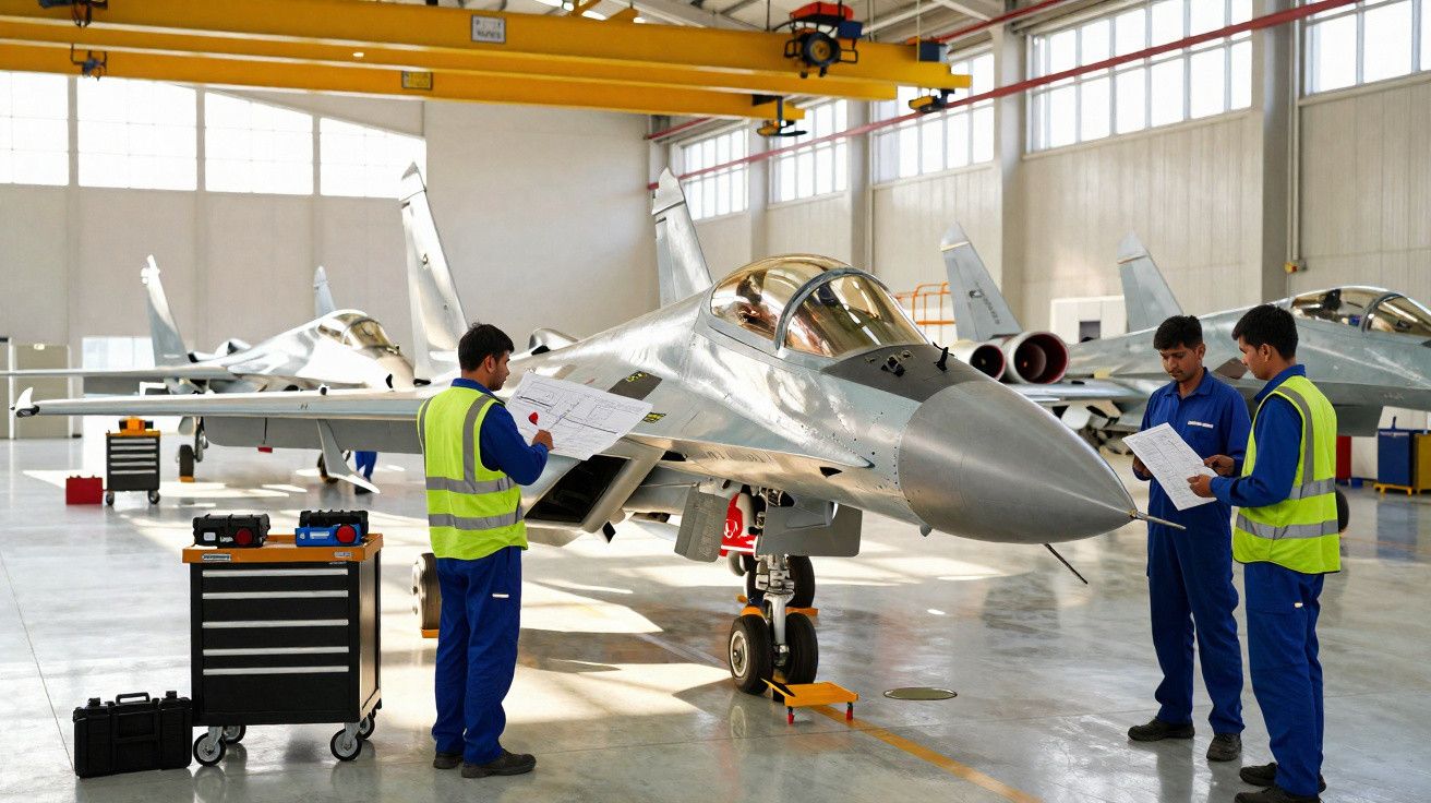 Três técnicos revisando documentos ao lado de jatos militares prateados em hangar iluminado.