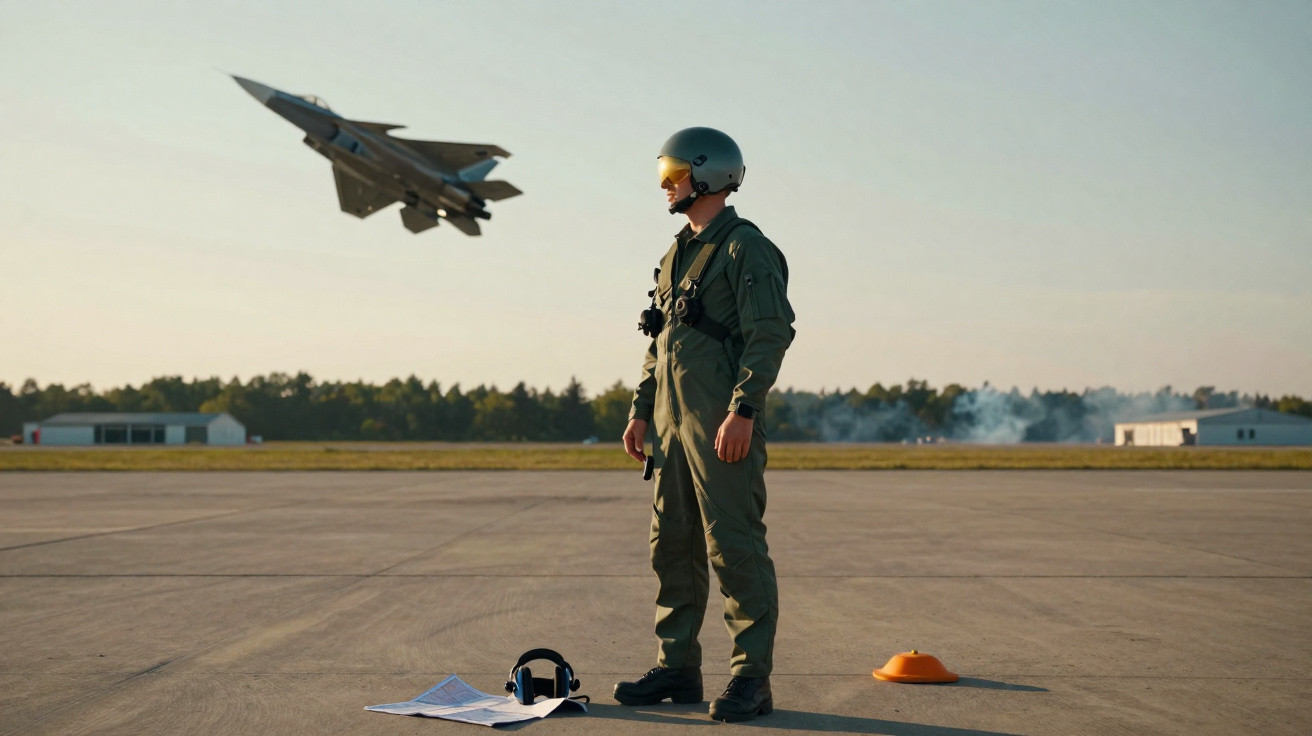 Piloto de caça em uniforme na pista com aeronave militar decolando ao fundo ao entardecer.