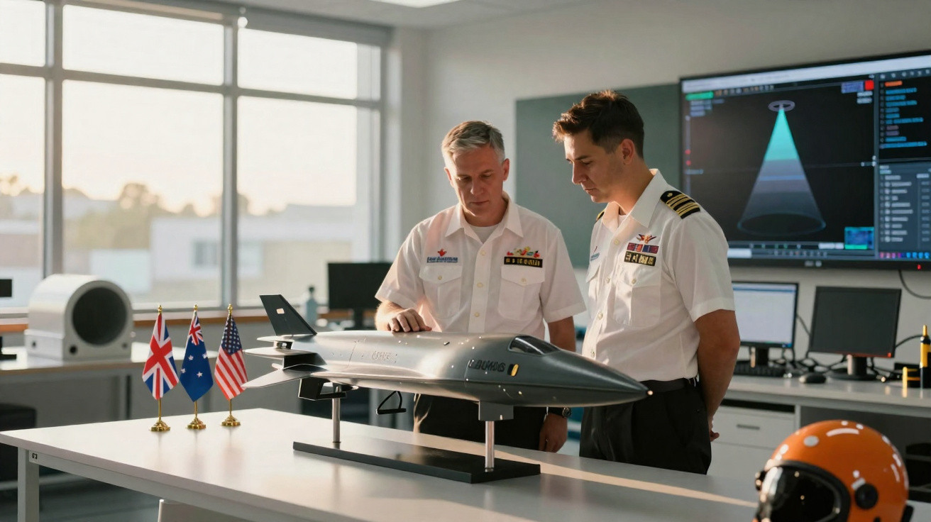 Dois militares em uniforme branco observam modelo de avião militar numa mesa, com bandeiras da Austrália, EUA e Reino Unido.