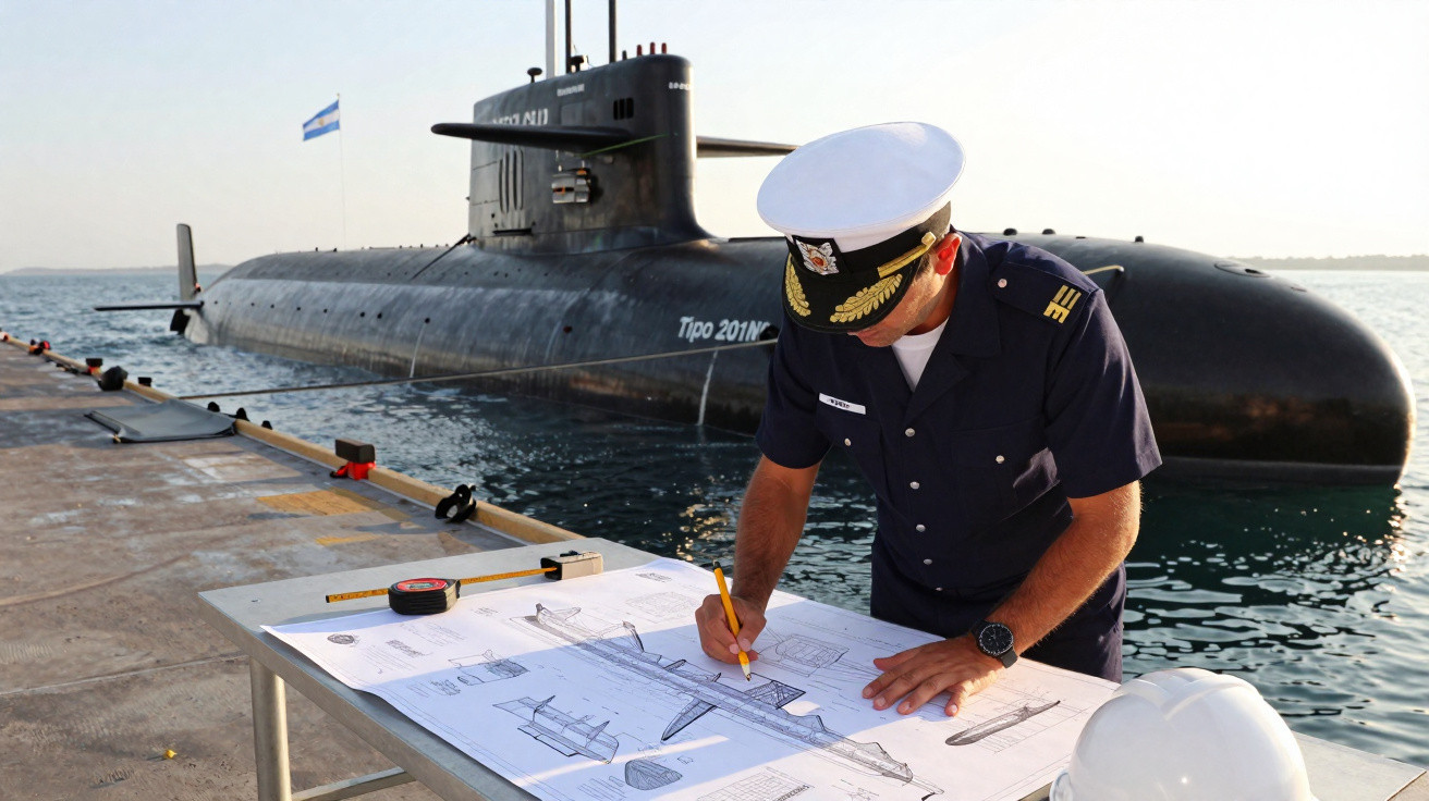 Oficial naval revisando desenhos técnicos de submarino atracado em cais, com capacete branco ao lado.