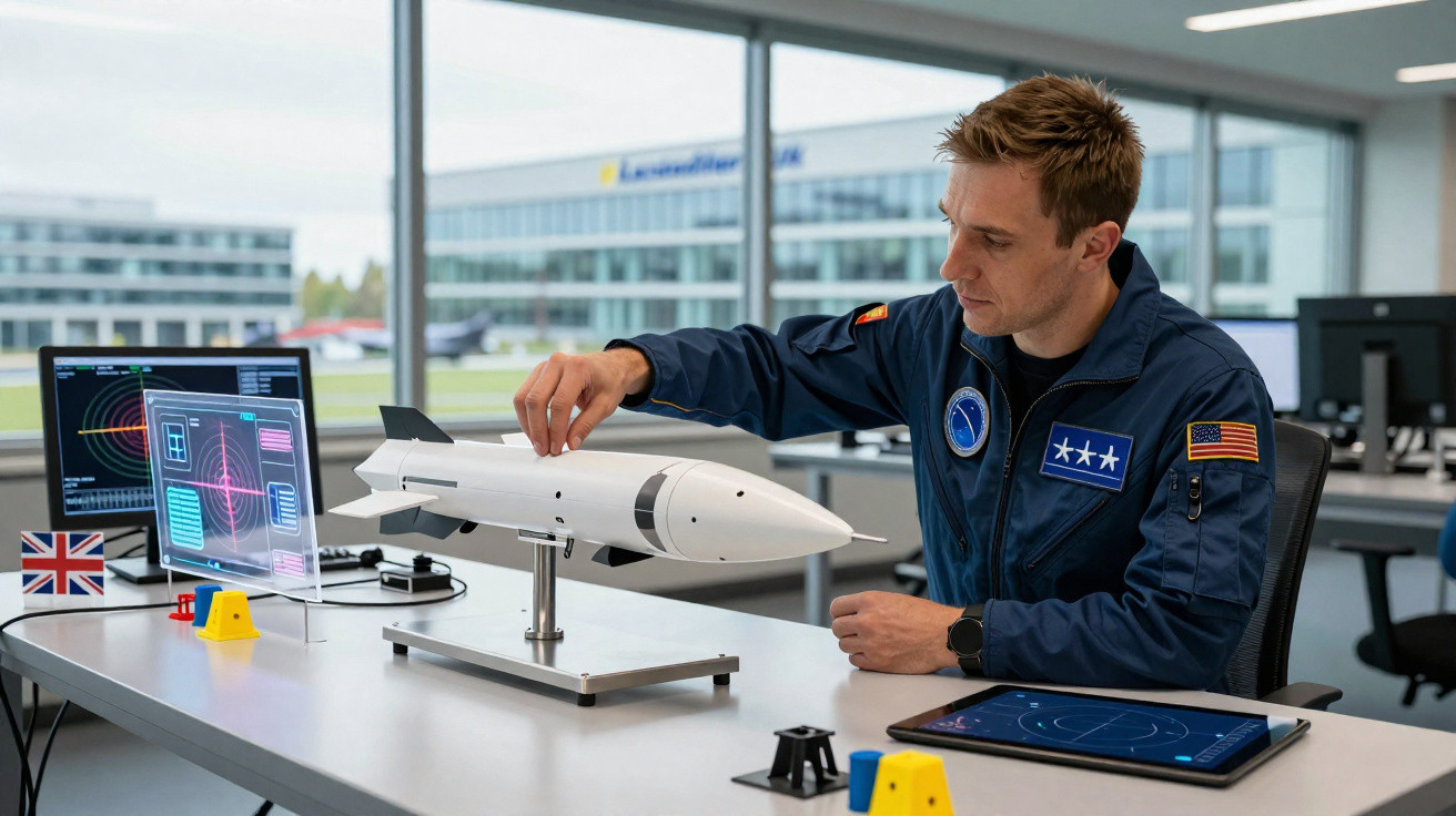 Homem em uniforme azul ajusta modelo de foguete em mesa com telas e tablets em laboratório moderno.