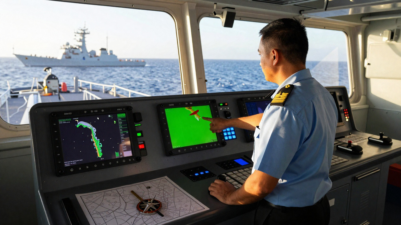 Oficial naval operando equipamentos de navegação na ponte de comando com navio de guerra ao fundo.