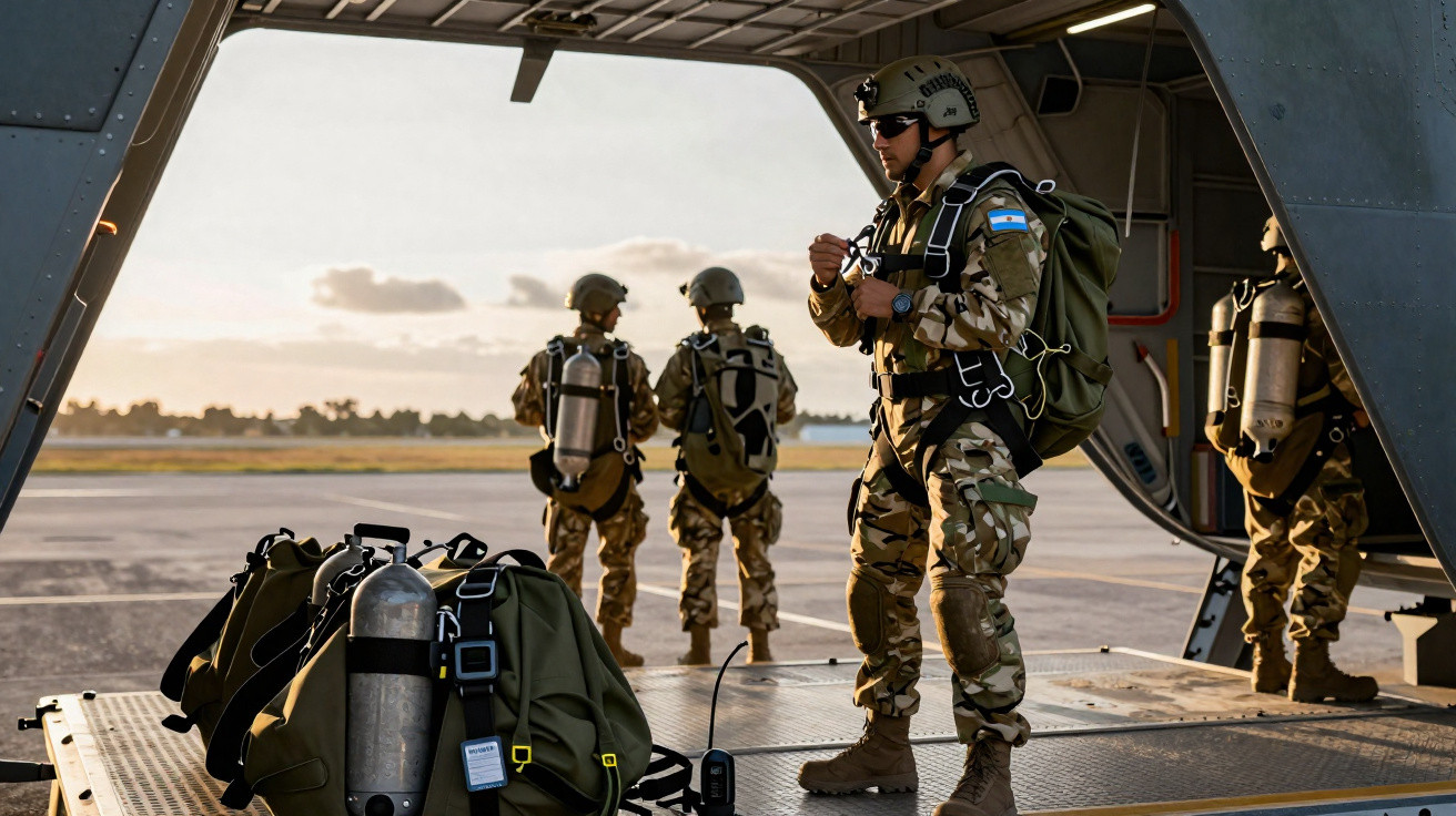 Soldados uniformizados com mochilas de paraquedismo dentro e fora de uma aeronave militar no entardecer.