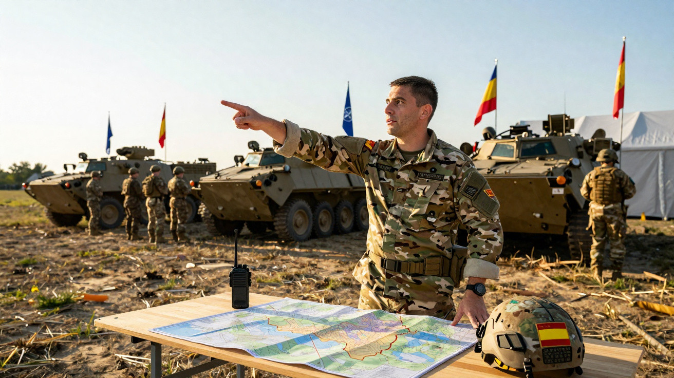 Soldado aponta para frente em campo com veículos militares e mapa em mesa ao ar livre.