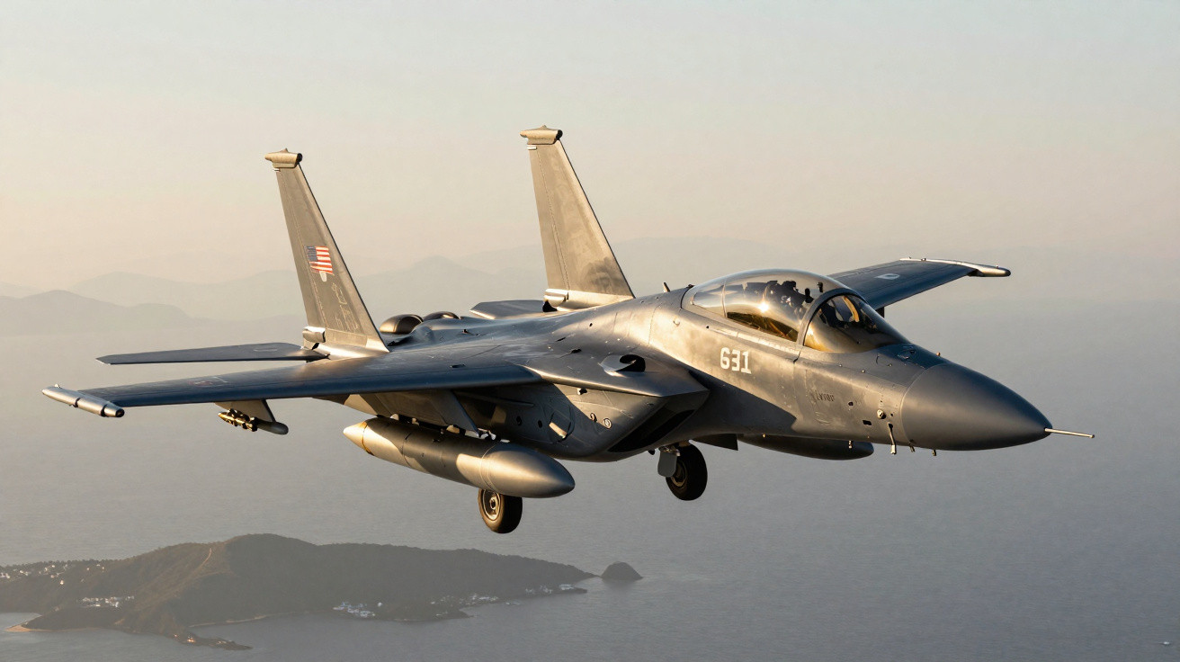 Avião militar de caça voando sobre o mar próximo a uma ilha em dia claro.