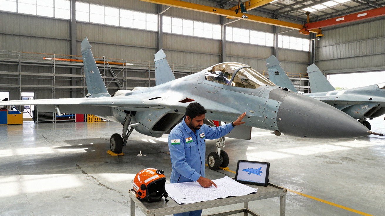 Homem com macacão azul verifica documento diante de caça militar cinza em hangar iluminado.