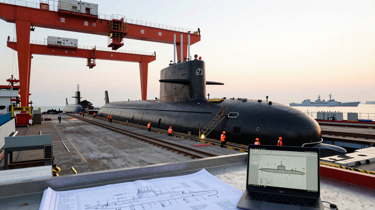 Submarino preto em doca seca com trabalhadores, guindaste laranja e computador com projeto do submarino.