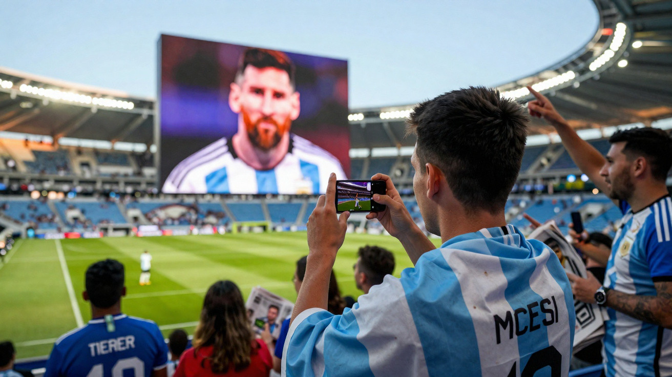 Torcedores assistem a jogo de futebol em estádio com grande tela exibindo jogador argentino.