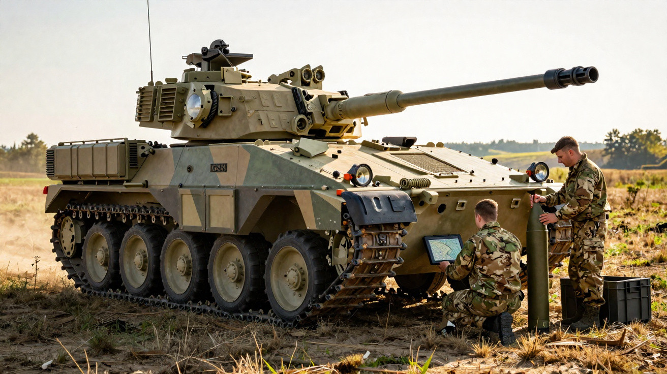 Tanque militar camuflado em campo seco com dois soldados em uniforme verde trabalhando ao lado.