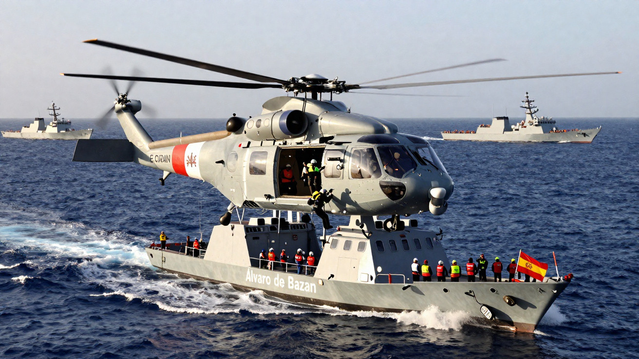 Helicóptero militar pousando em navio Álvaro de Bazán no mar, com tripulantes usando coletes coloridos.