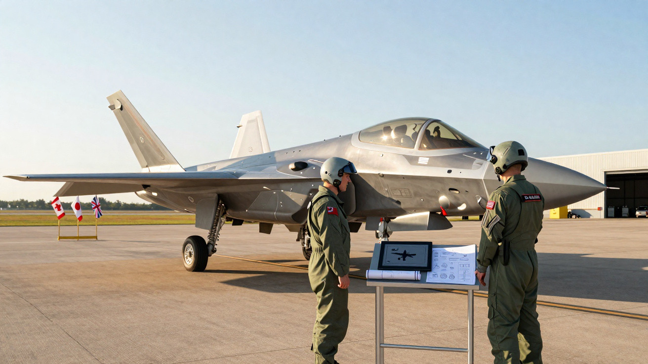Dois militares com capacetes observam e analisam um caça moderno estacionado em um aeroporto.