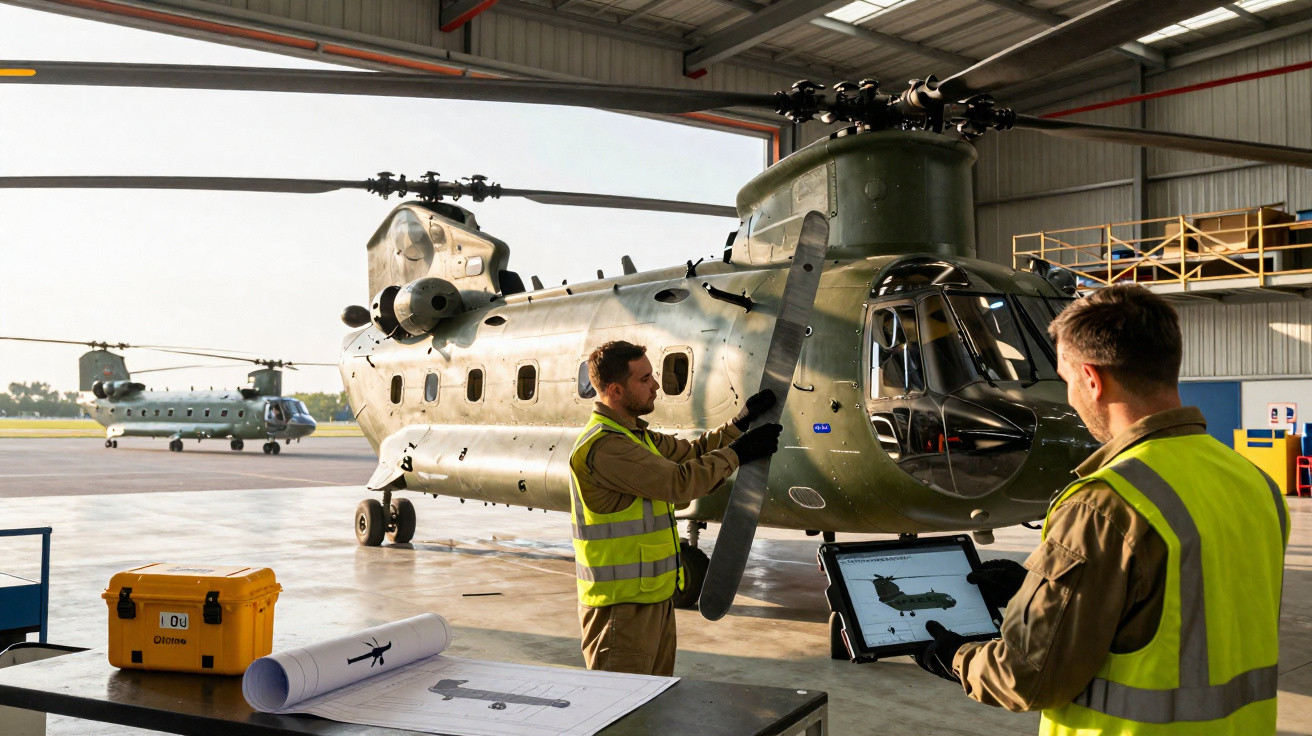 Dois técnicos inspecionam helicóptero militar verde dentro de hangar com outro helicóptero ao fundo.