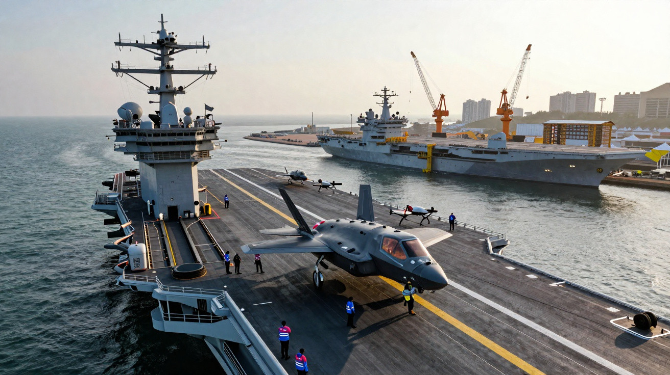 Porta-aviões com jato militar e tripulação no convés, com outro navio e guindastes ao fundo no mar.