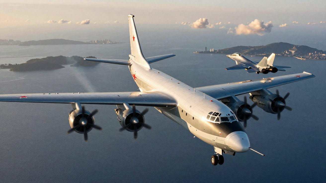 Avião militar turboélice voando sobre o mar acompanhado por jato militar em céu com nuvens.