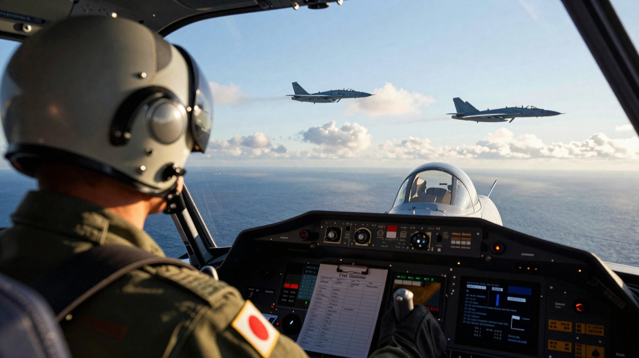Piloto militar no cockpit com dois jatos de caça voando sobre o oceano ao entardecer.