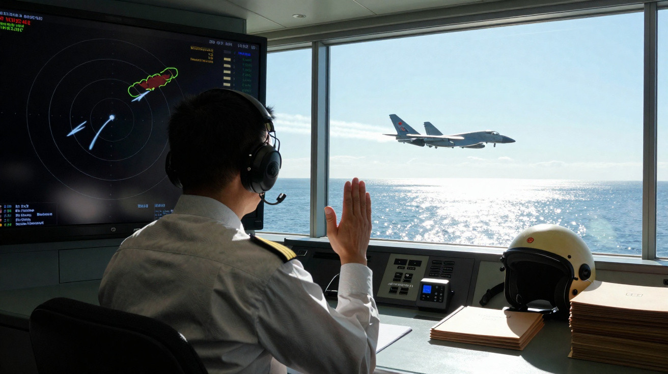 Homem com fone de ouvido sinaliza para avião militar voando sobre o mar, vista de dentro de uma cabine de controle.
