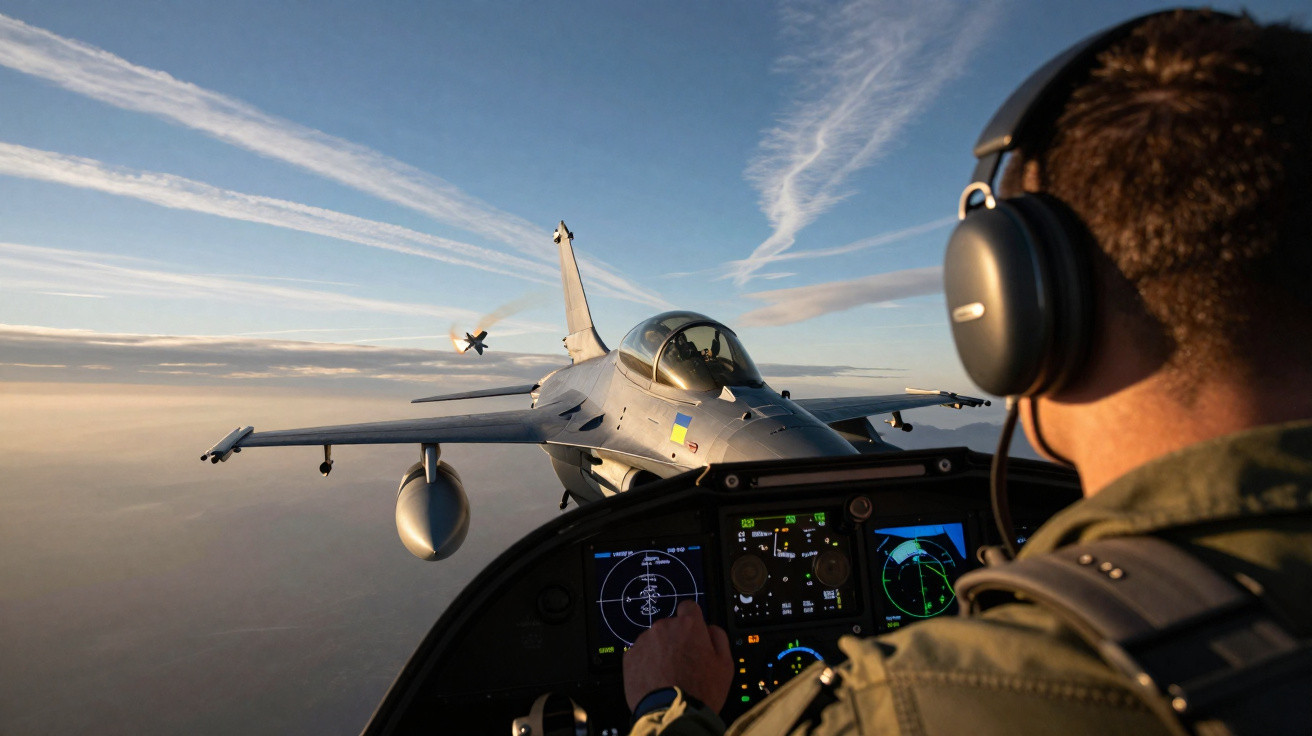 Piloto com fones em cabine de caça observa outro avião voando em céu ao pôr do sol.