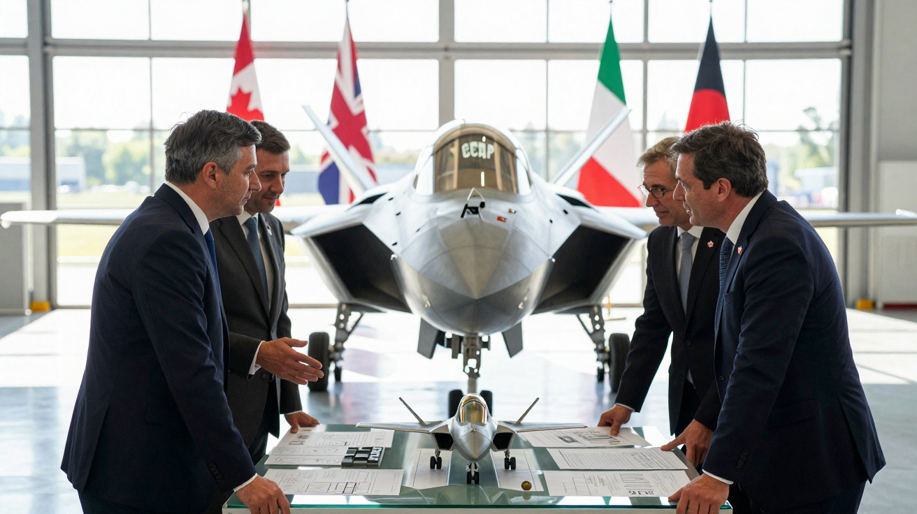 Quatro homens em trajes formais observam maquete de caça em mesa, com avião real e bandeiras ao fundo.
