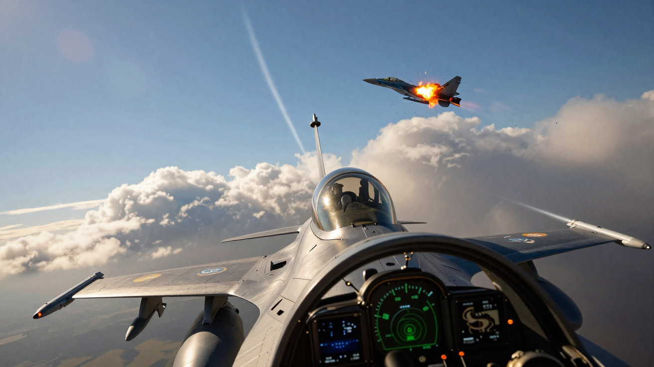 Cockpit de caça em voo com outro jato em chamas ao fundo, sobre nuvens e céu azul claro.