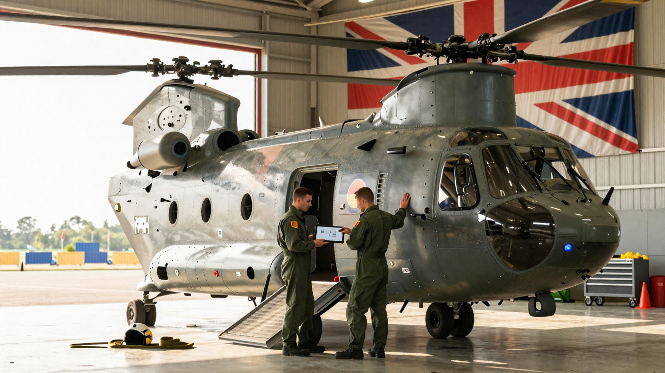 Dois militares em uniforme discutem informações em frente a um helicóptero militar em hangar com bandeira britânica.