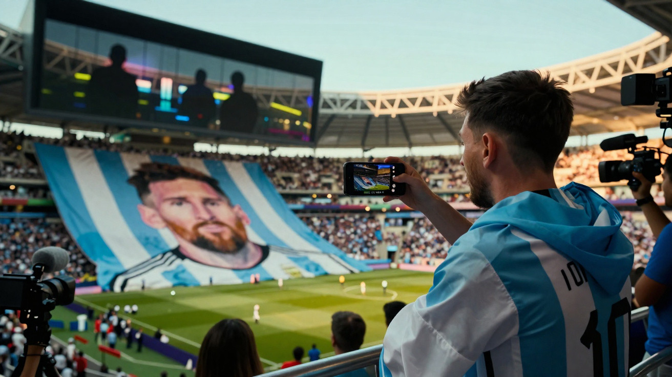 Torcedor no estádio registrando bandeirão gigante de Messi durante jogo de futebol da Argentina.