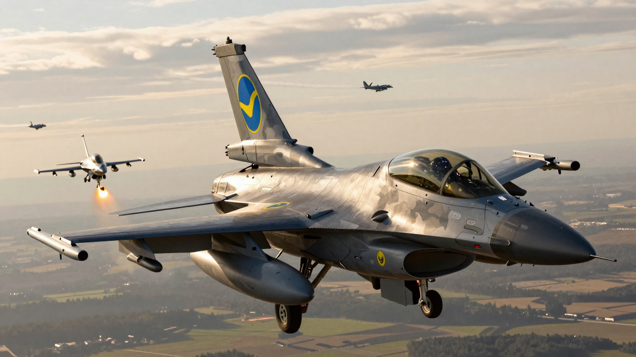 Caça militar voando com formação de três aeronaves sobre área rural ao entardecer.